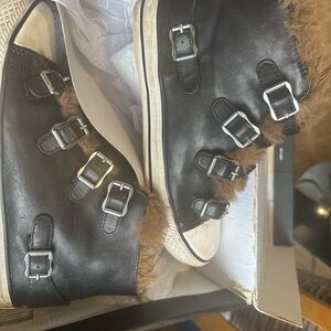 Black Fur-Lined Buckle Sneakers